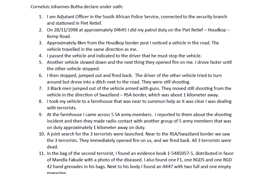 CJ Botha et al. Statement, 29 November 1985, TRC documents